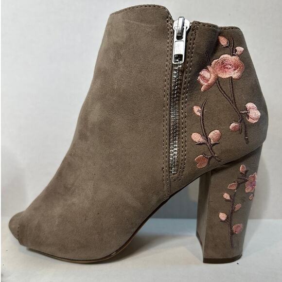 Candies Size 7 Taupe Grey Suede Floral Embroidered Pink Peep Toe Ankle Bootie - Picture 4 of 10